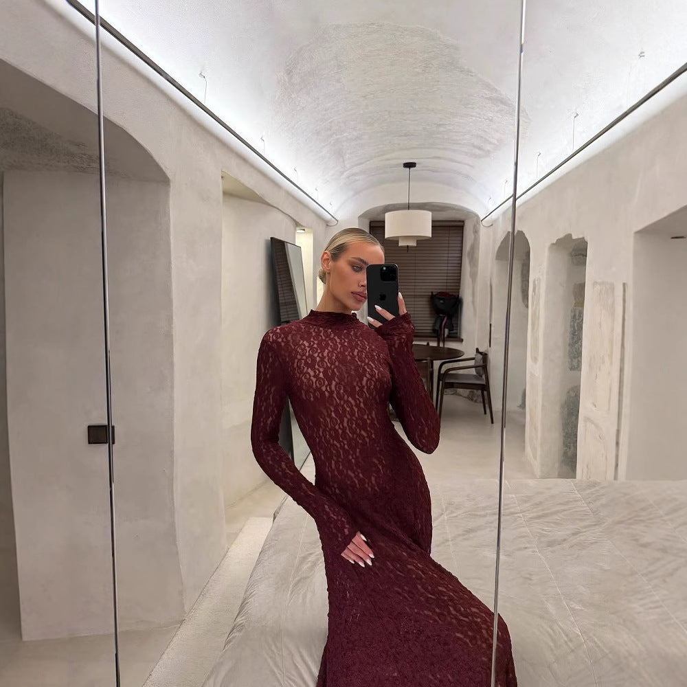 Damen langärmliges Spitzenkleid Fudus