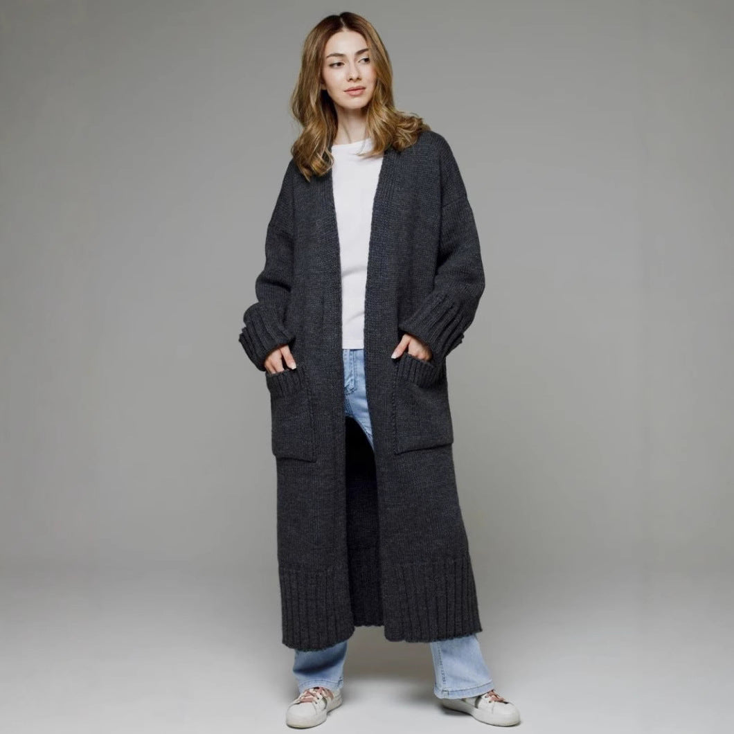 Damen Langstrickmantel mit tiefen Taschen und weitem Schnitt Fudus