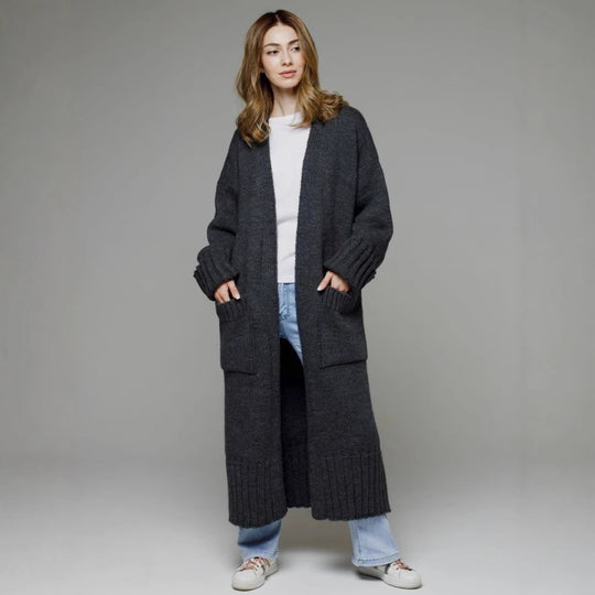 Damen Langstrickmantel mit tiefen Taschen und weitem Schnitt Fudus