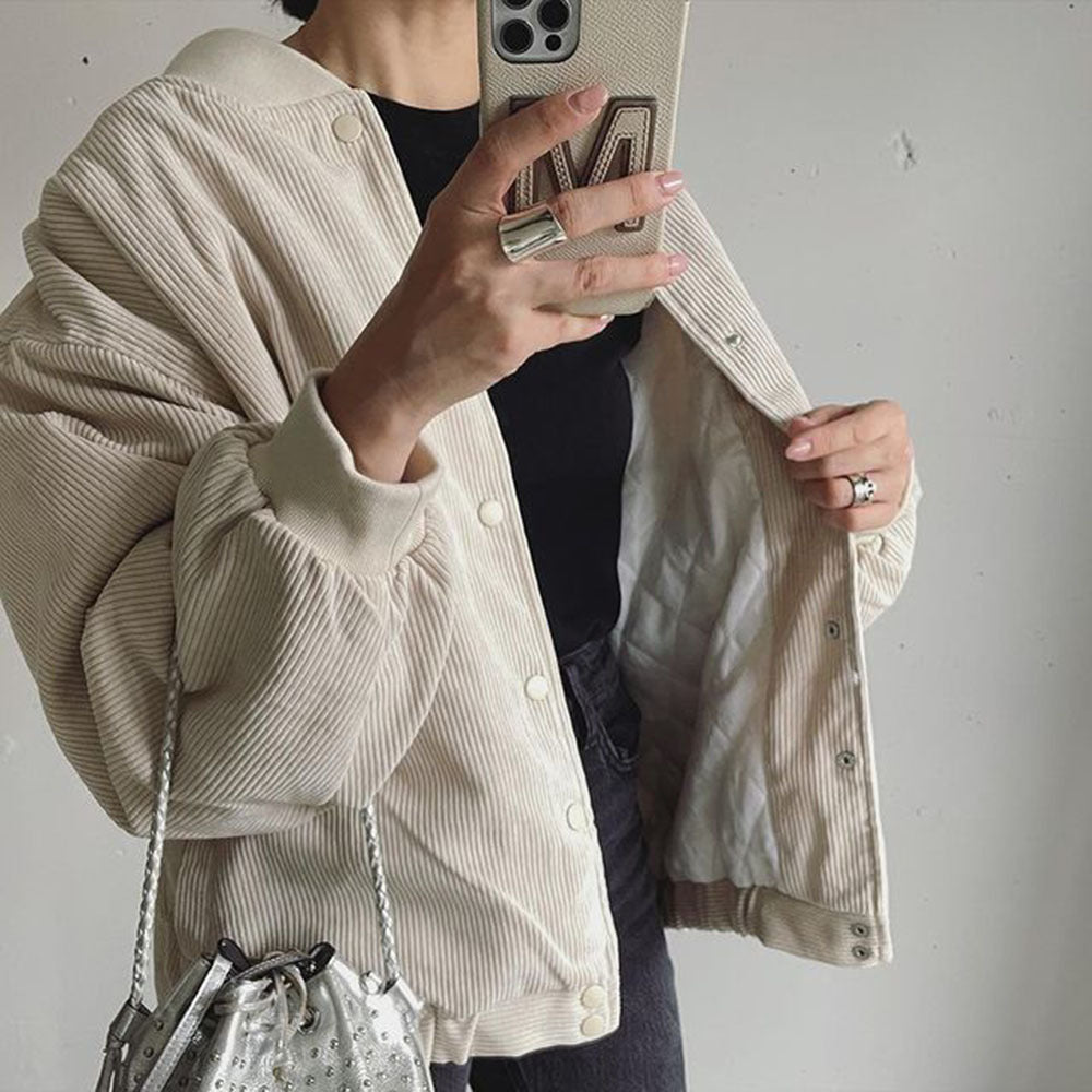 Damen lässige Cordjacke mit Druckknopfverschluss und elastischen Bündchen Fudus