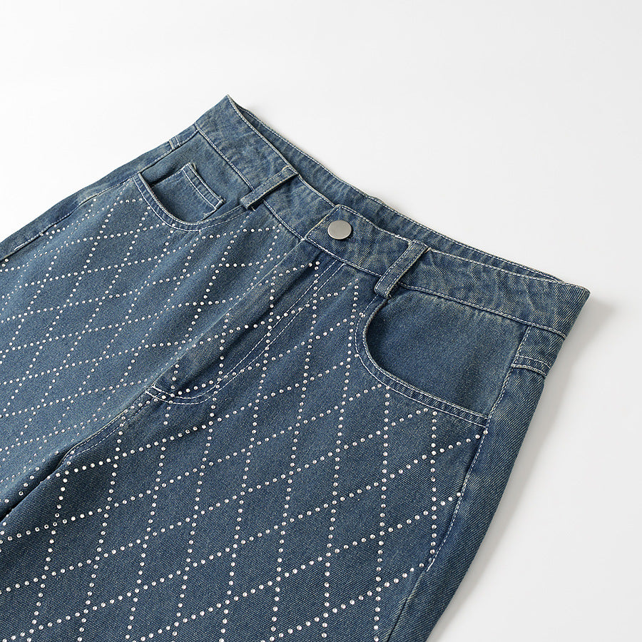 Damen hochtaillierte Jeanshose im eleganten Karomuster Fudus