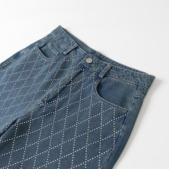 Damen hochtaillierte Jeanshose im eleganten Karomuster Fudus