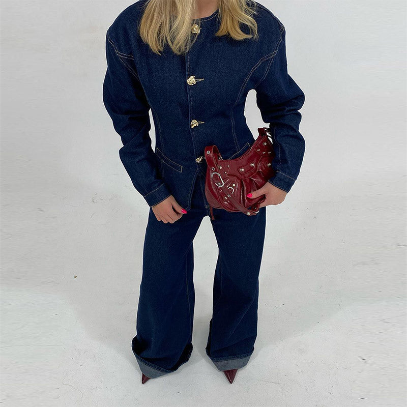 Damen Jeansjacke im taillierten Schnitt mit dekorativen Knöpfen Fudus