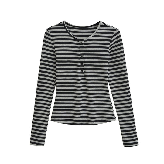 Damen langärmliges gestreiftes Oberteil mit Knopfdetail Fudus