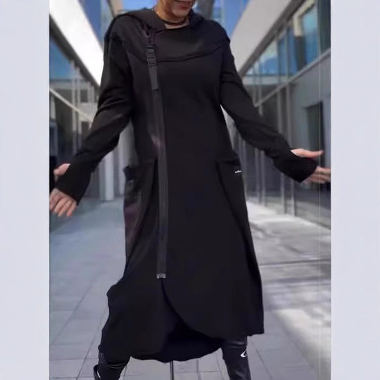 Damen modischer Kapuzenmantel mit seitlichen Taschen und asymmetrischem Saum Fudus