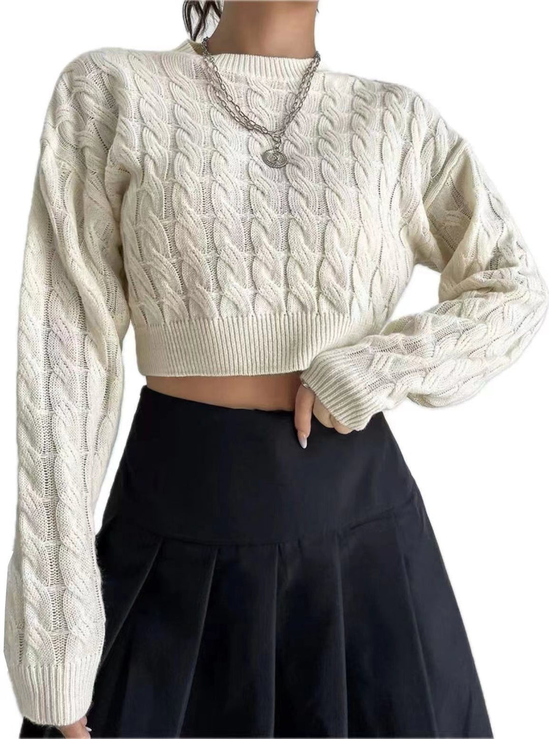 Damen modischer cropped Strickpullover mit Zopfmuster Fudus