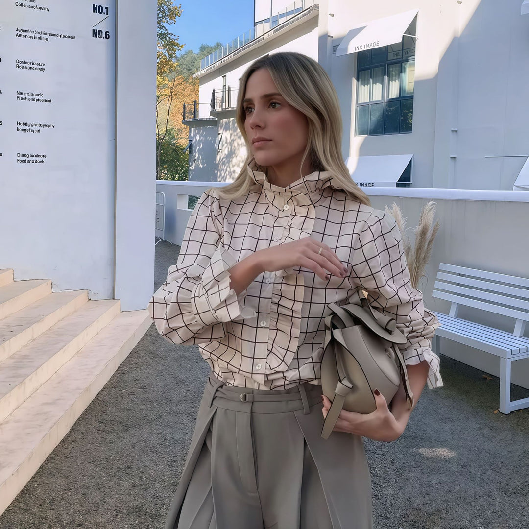Damen Karierte Bluse mit eleganten Rüschendetails Fudus