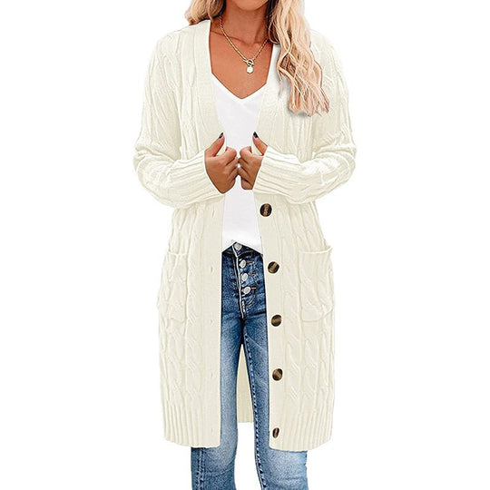 Damen Langer Strickcardigan mit Kabelmuster und Taschen Fudus
