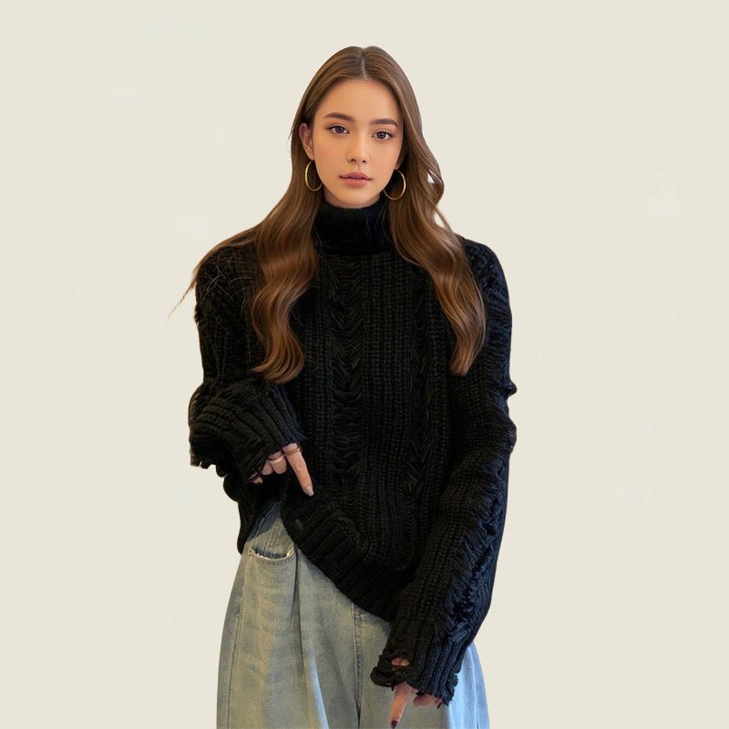 Damen Grobstrickpullover mit hohem Kragen und strukturiertem Design Fudus