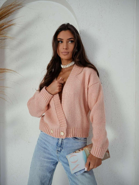 Damen kuschelige Strickjacke mit lockerer Passform und tiefem V-Ausschnitt Fudus