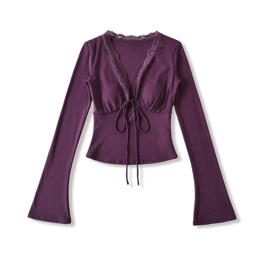 Damen langärmliges Oberteil mit Rüschendetails und eleganter Schnürung Fudus