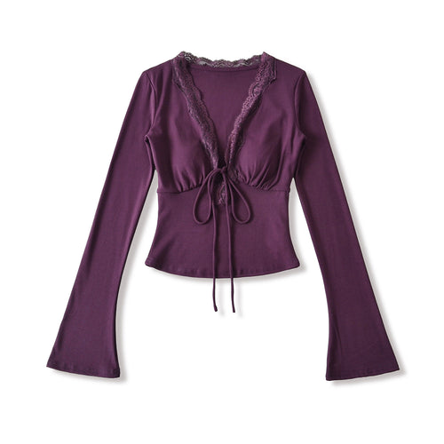 Damen langärmliges Oberteil mit Rüschendetails und eleganter Schnürung Fudus