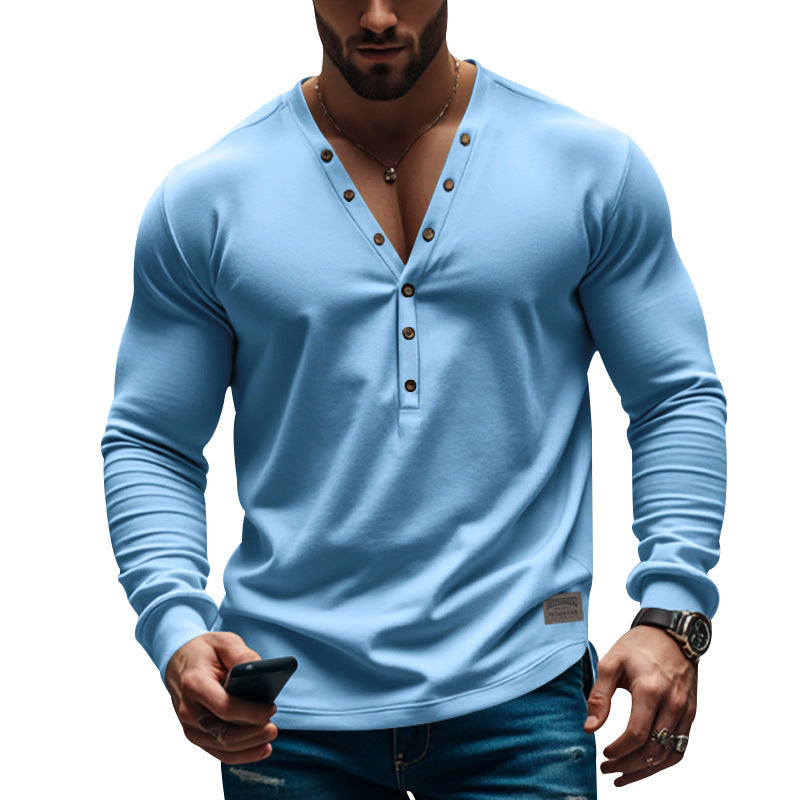 Herren Langarm Henley T-Shirt mit modernem Knopfverschluss und figurbetontem Schnitt Fudus