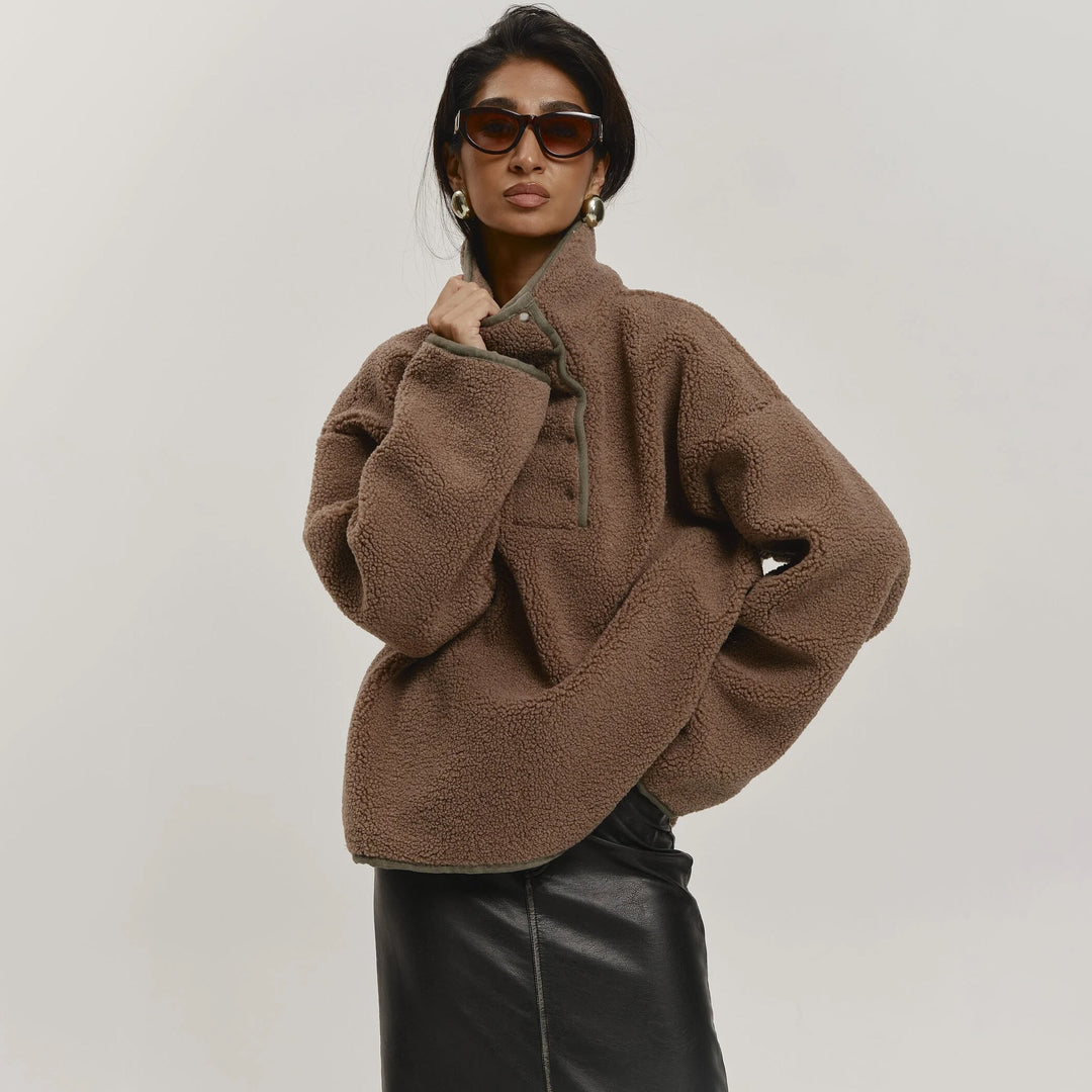 Damen Kuschelige Oversized Fleecejacke mit Stehkragen und Druckknöpfen Fudus