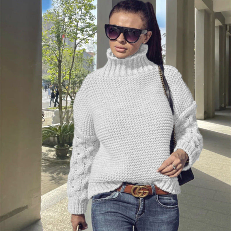 Damen Grobstrick Pullover mit hochgeschlossenem Kragen und detaillierten Ärmeln Fudus