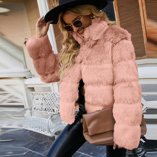 Damen Kurze Kunstpelzjacke mit voluminösen Ärmeln Fudus