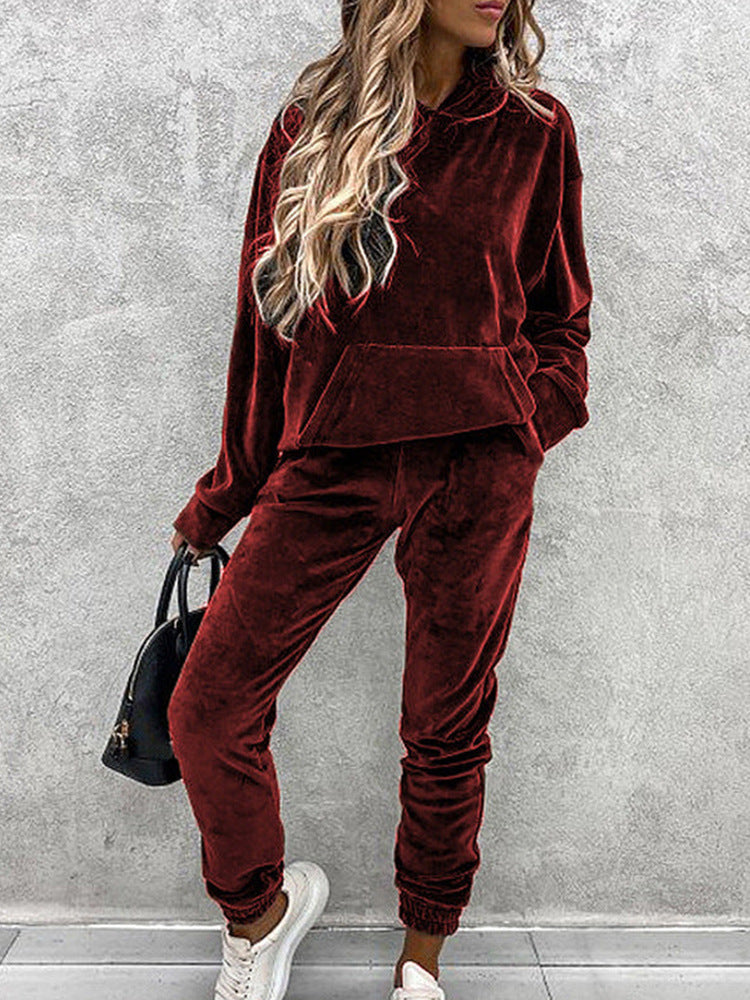Damen hochwertiger Velours-Loungewear-Anzug mit Kapuzenpullover und bequemen Hosen Fudus