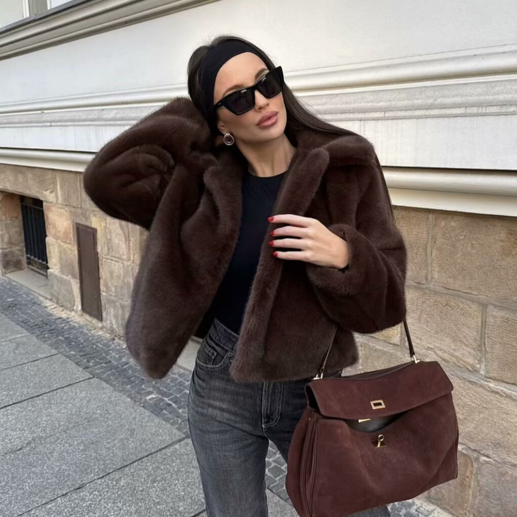 Damen kuschelige Kunstfelljacke mit elegantem Reverskragen Fudus