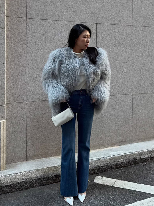 Damen Kunstfelljacke mit voluminösen Ärmeln