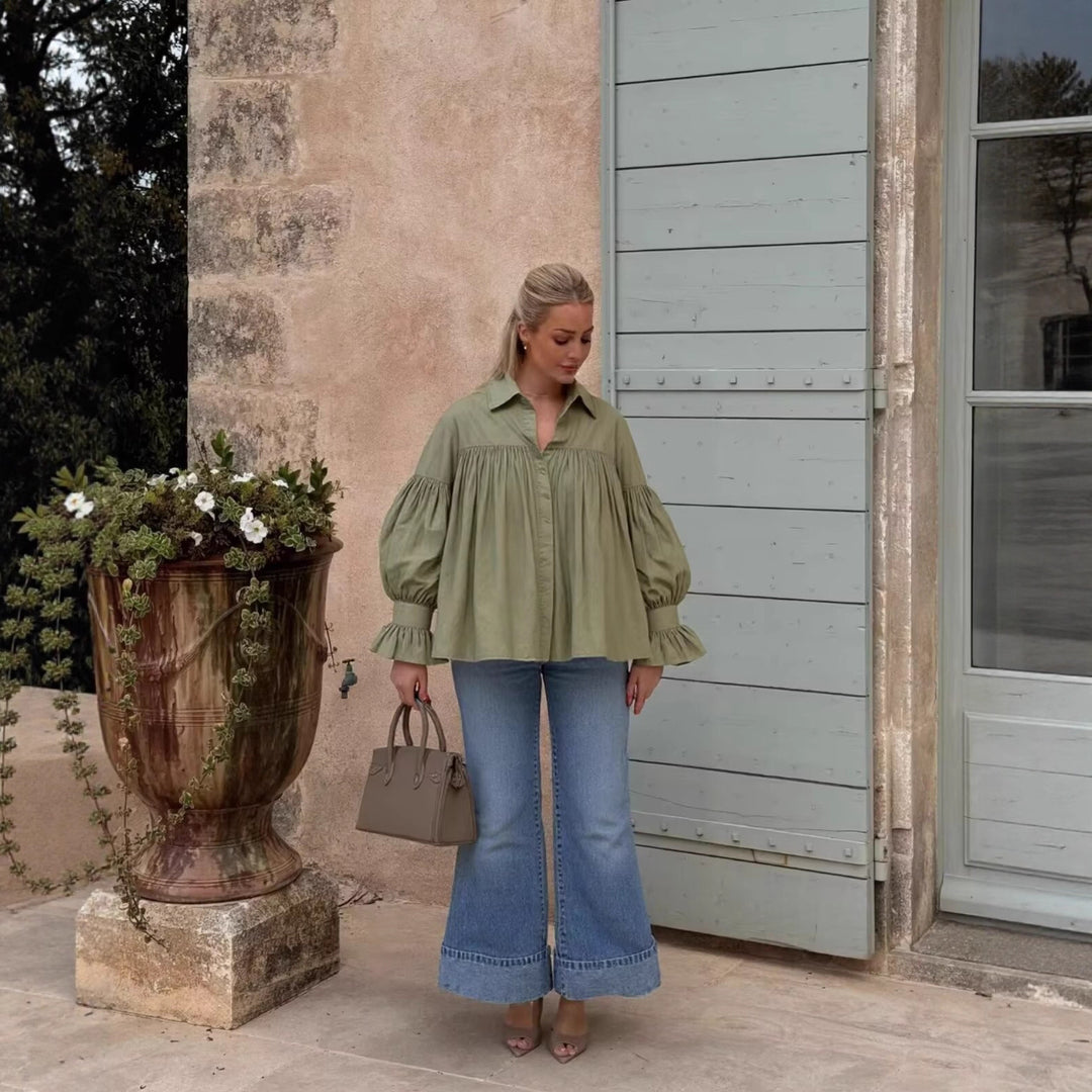 Damen lässige Bluse mit eleganten Rüschendetails und hohem Kragen Fudus