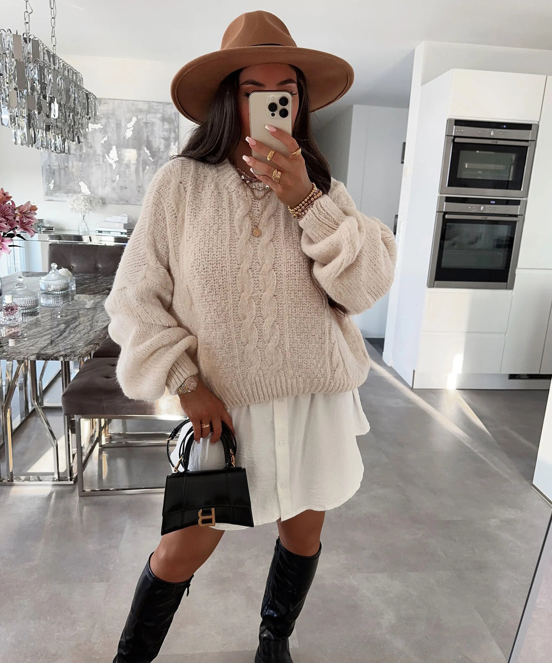 Damen Grobstrickpullover mit voluminösen Ärmeln und romantischem Zopfdesign Fudus