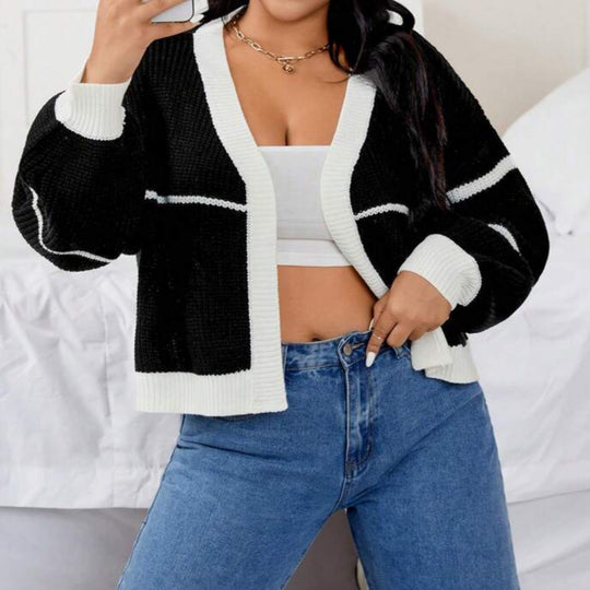 Damen Grobstrick Cardigan mit lässigem Schnitt und auffälligen Kontraststreifen Fudus