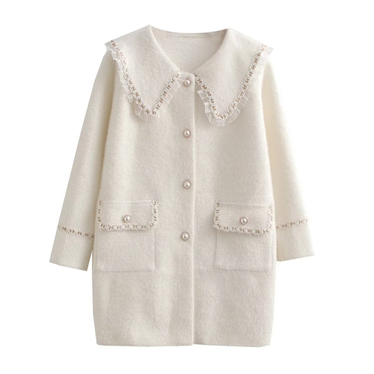 Damen Langarmjacke mit dekorativem Kragen und funktionalen Taschen Fudus