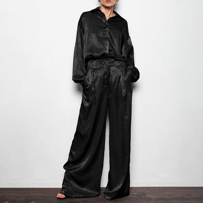 Damen Satin Blusen Und Hosen Set Mit Weitem Schnitt Und Modernen Details