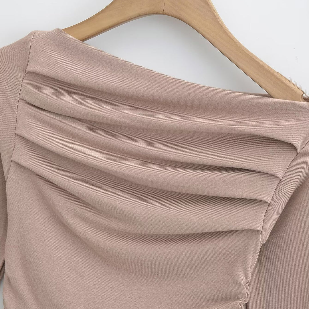 Damen langärmliges Oberteil mit gerafftem Design und asymmetrischem Ausschnitt Fudus