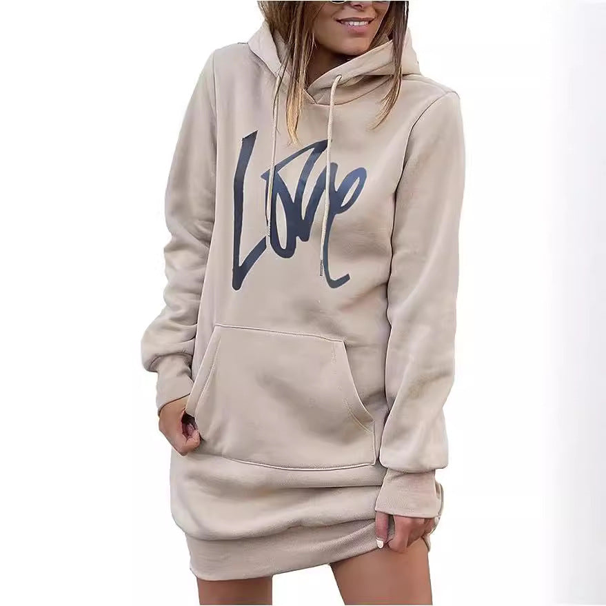 Damen Hoodie-Kleid mit Kängurutasche und auffälligem Schriftzug Fudus