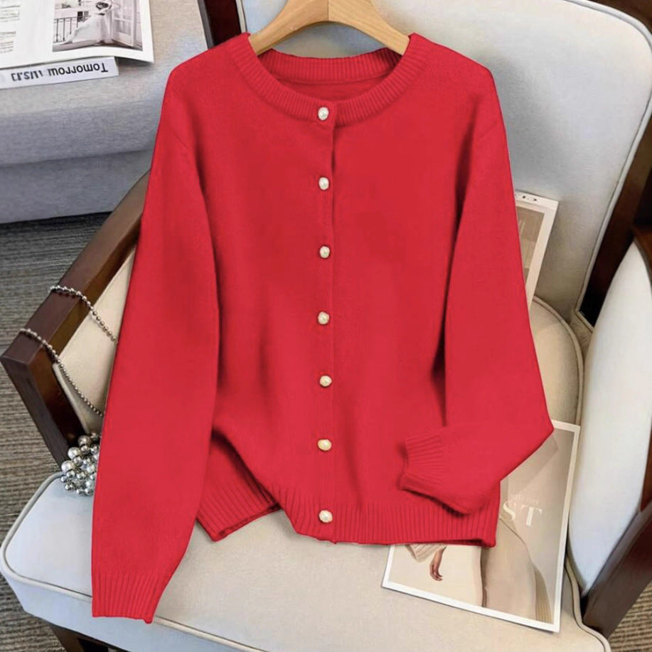 Damen kuschelige Strickjacke mit Perlknöpfen Fudus