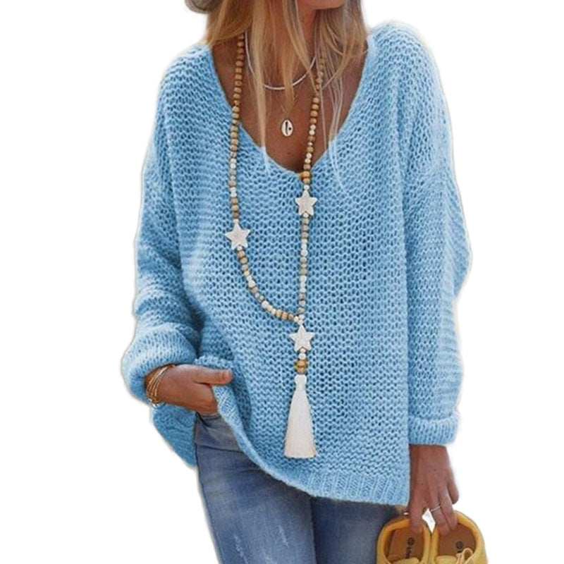 Damen Grobstrickpullover mit tiefem V-Ausschnitt und lässigem Schnitt Fudus