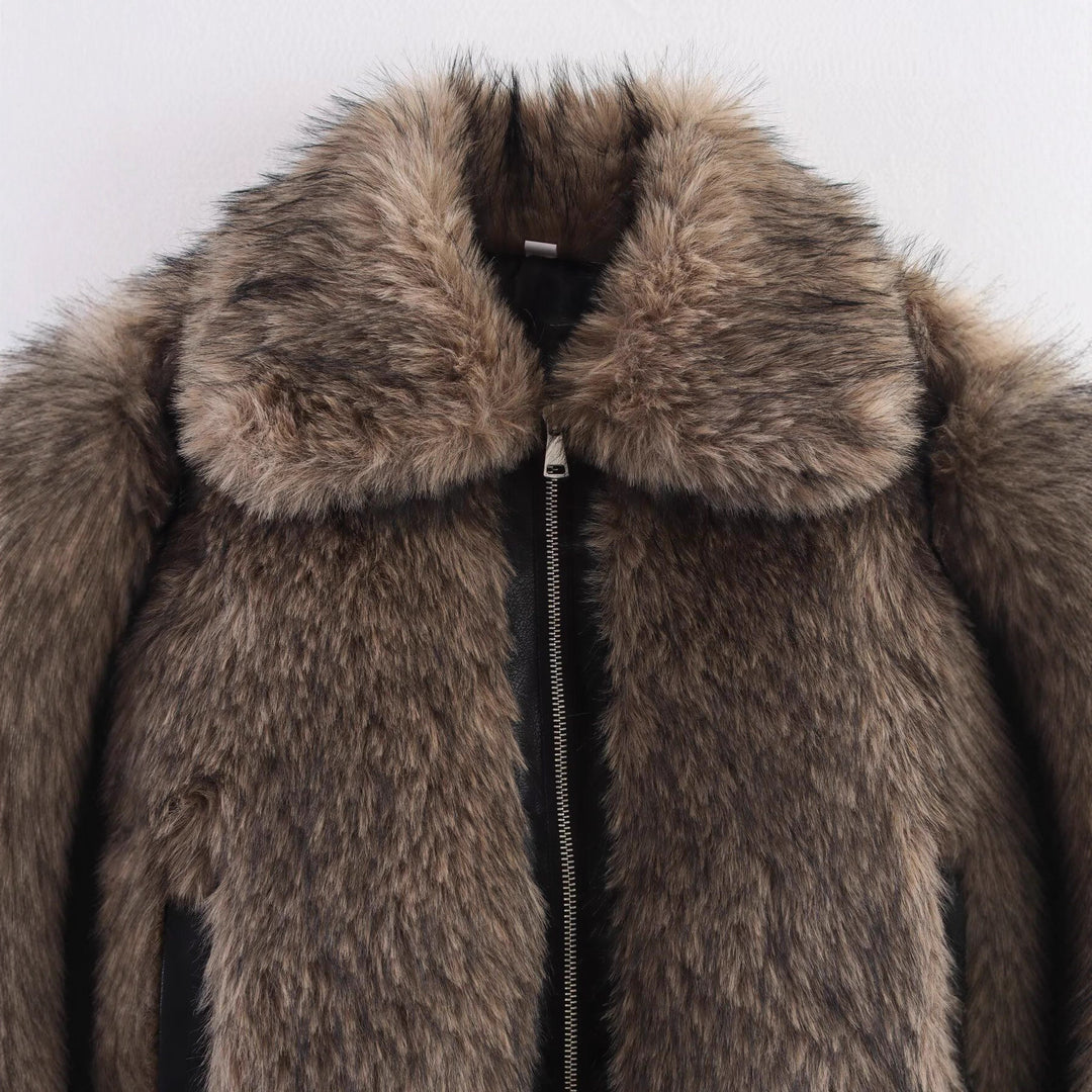 Damen Kunstfelljacke mit breitem Kragen und praktischen Eingrifftaschen Fudus