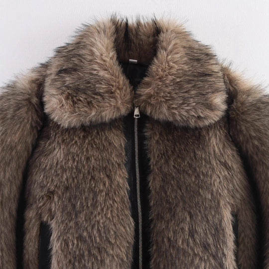 Damen Kunstfelljacke mit breitem Kragen und praktischen Eingrifftaschen Fudus