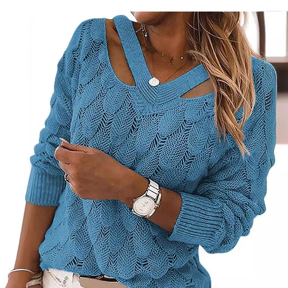Damen Grobstrickpullover mit tiefem V-Ausschnitt und Cut-Out-Details Fudus