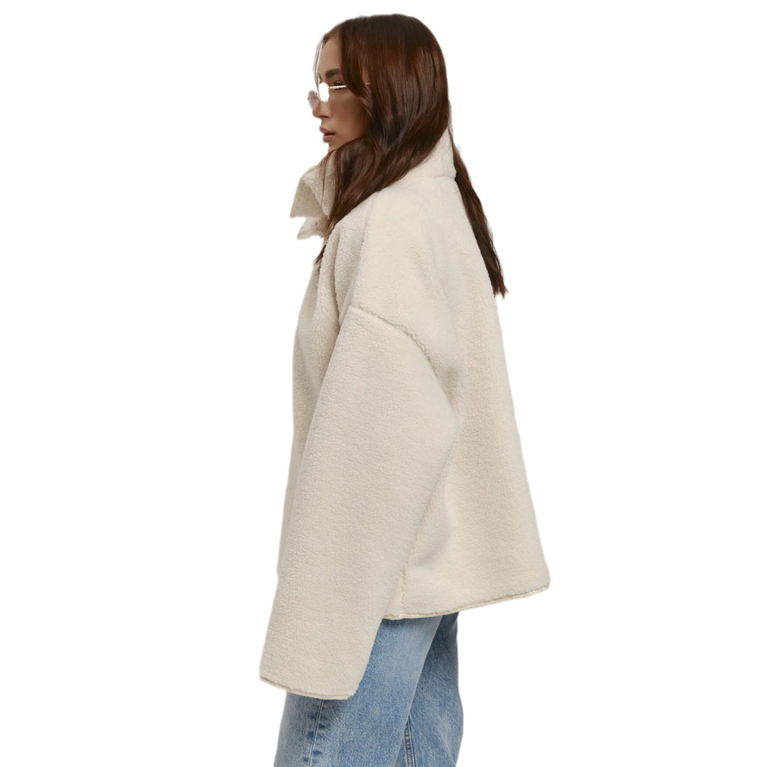 Damen Kuschelige Oversized Fleecejacke mit Stehkragen und Druckknöpfen Fudus