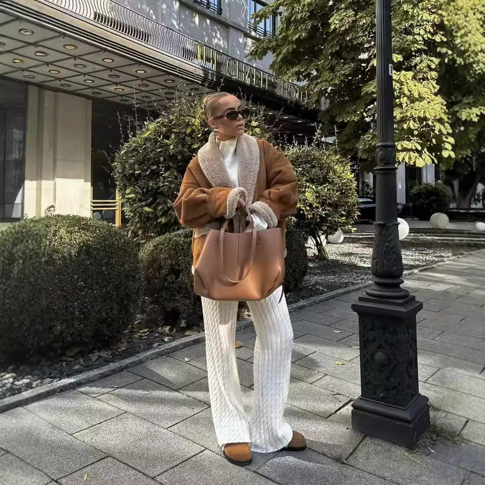 Damen kuschelige Oversized-Jacke mit Teddy-Futter Fudus