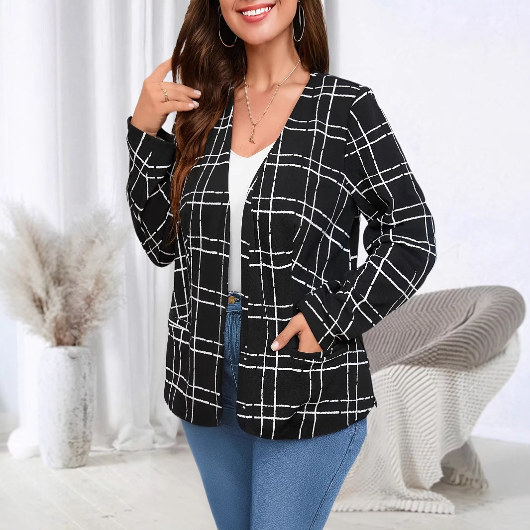 Damen lässige Blazerjacke mit Karo-Muster und Taschen Fudus