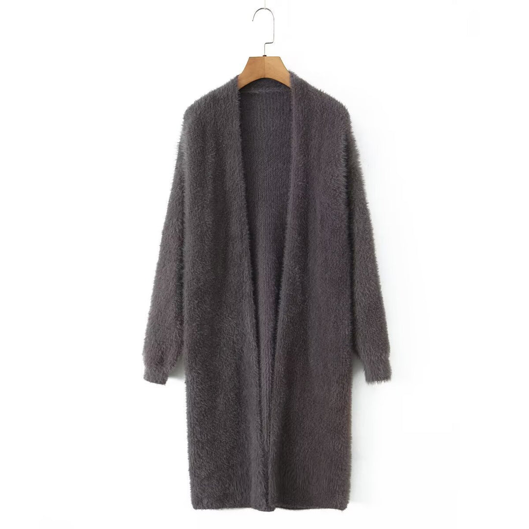 Damen kuschelige Strickjacke mit offenem Frontdesign und langen Ärmeln Fudus