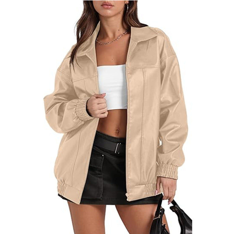 Damen lässige Oversized-Jacke mit elastischen Bündchen und durchgehendem Reißverschluss Fudus