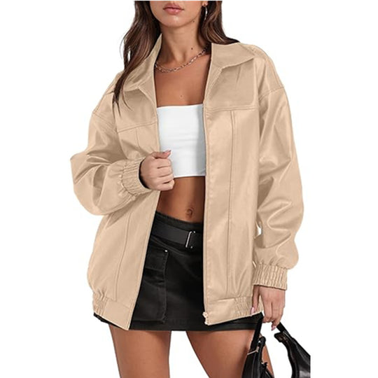 Damen lässige Oversized-Jacke mit elastischen Bündchen und durchgehendem Reißverschluss Fudus