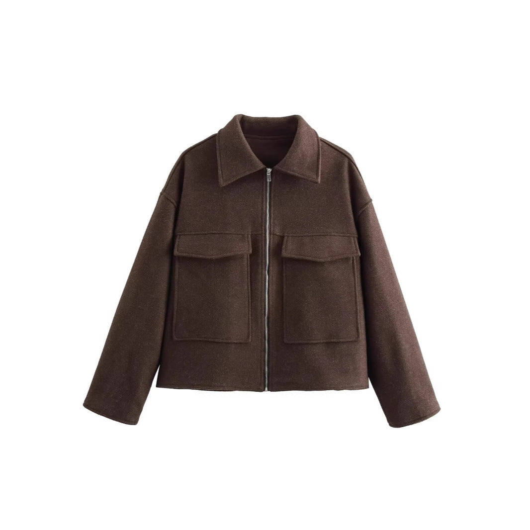 Damen lässige Jacke mit aufgesetzten Taschen und Reißverschluss Fudus