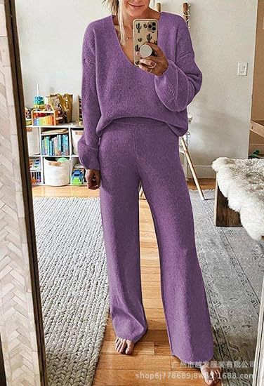 Damen Kuschelndes Strickset mit V-Ausschnitt und weitem Bein Fudus