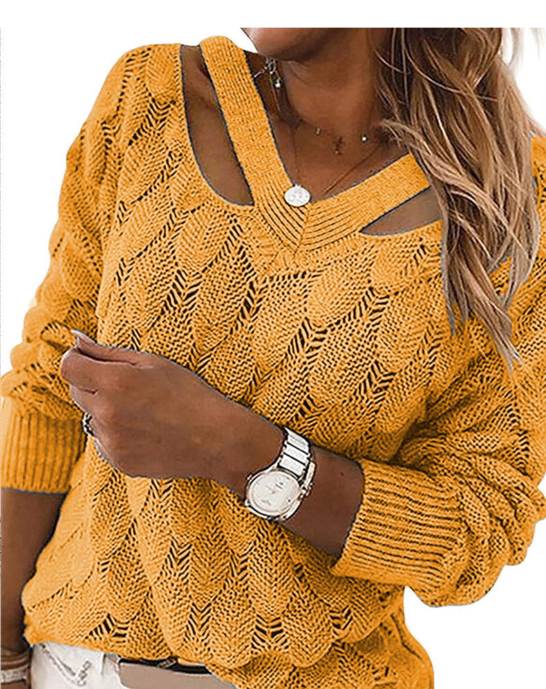 Damen Grobstrickpullover mit tiefem V-Ausschnitt und Cut-Out-Details Fudus