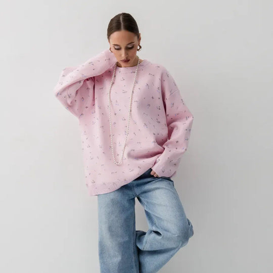 Damen kuscheliger Strickpullover mit floralem Muster Fudus