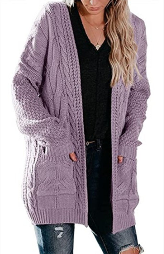 Damen Grobstrick Cardigan mit modernem Zopfmuster und großen Taschen Fudus