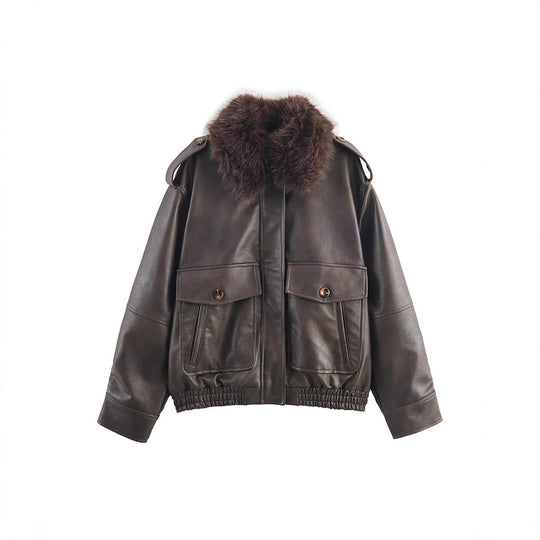 Damen Kunstlederjacke mit abnehmbarem Kunstfellkragen und praktischen Taschen Fudus