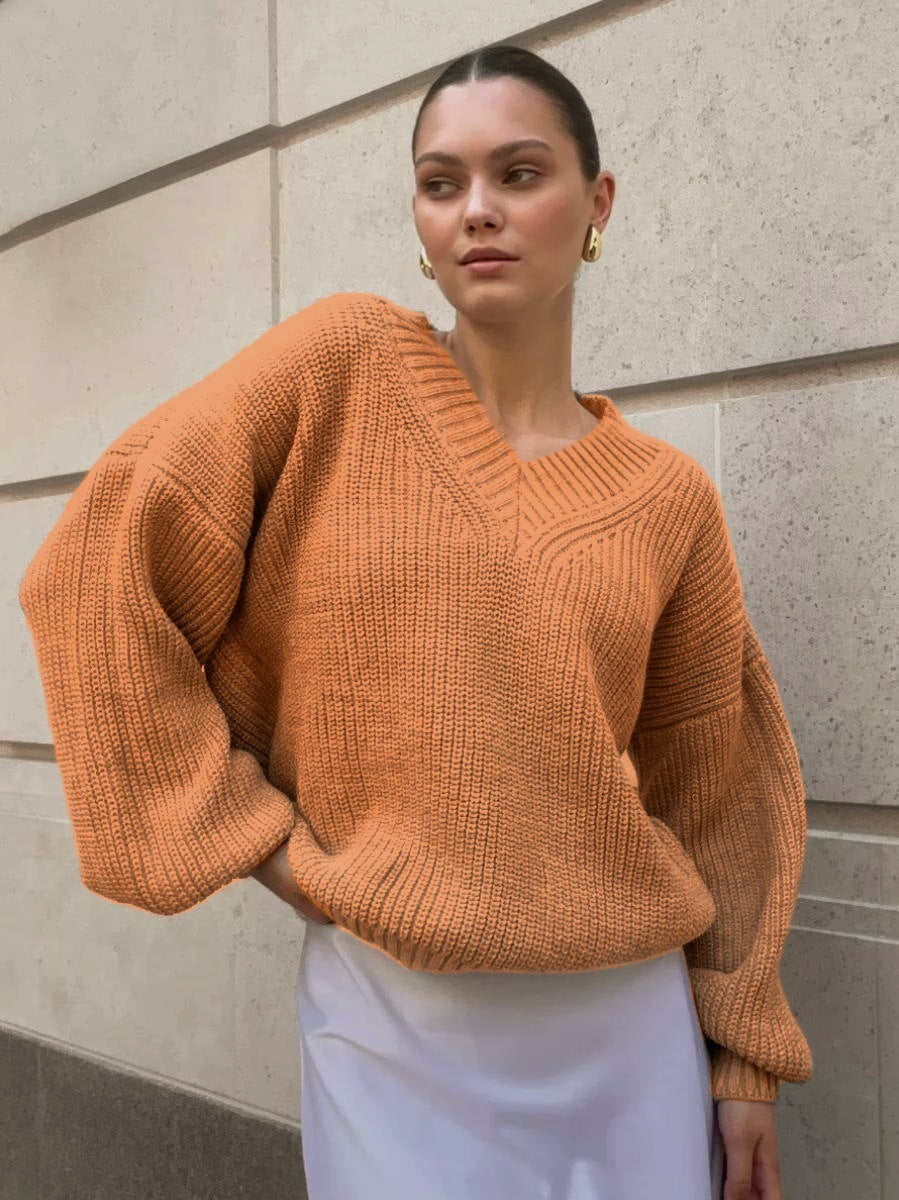 Damen Grobstrickpullover mit tiefem V-Ausschnitt und lässigen Ballonärmeln Fudus