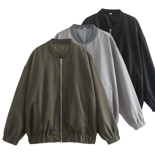 Damen lässige Bomberjacke aus leichtem Material mit elastischem Saum und praktischen Taschen Fudus