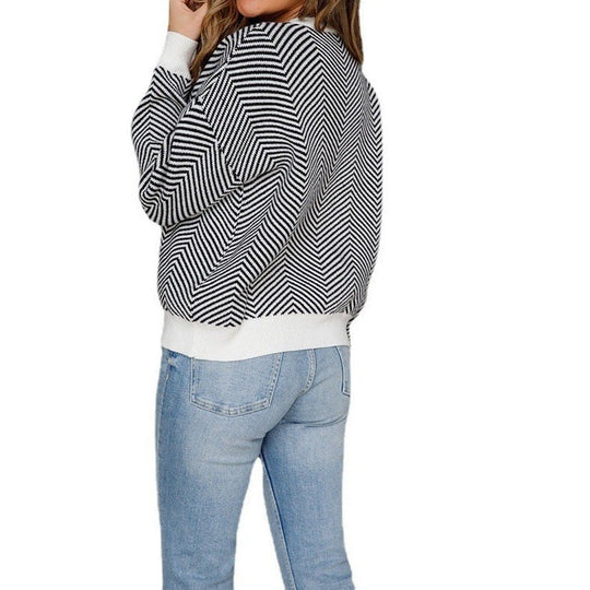Damen Grobstrickpullover mit Chevron-Muster und Kontrastbündchen Fudus